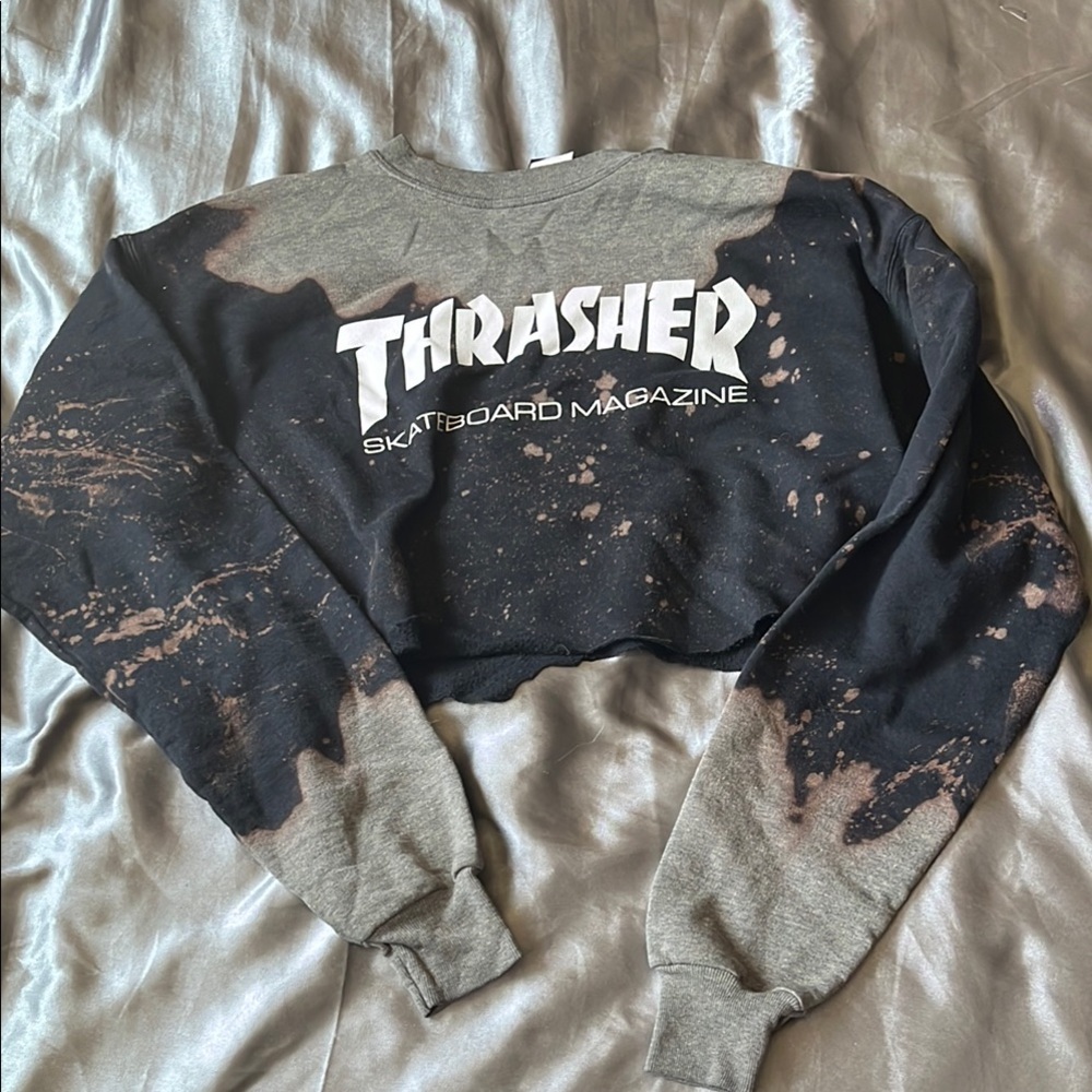 Thrasher Black and Gray Tie-Dye Cropped Sweatshirt